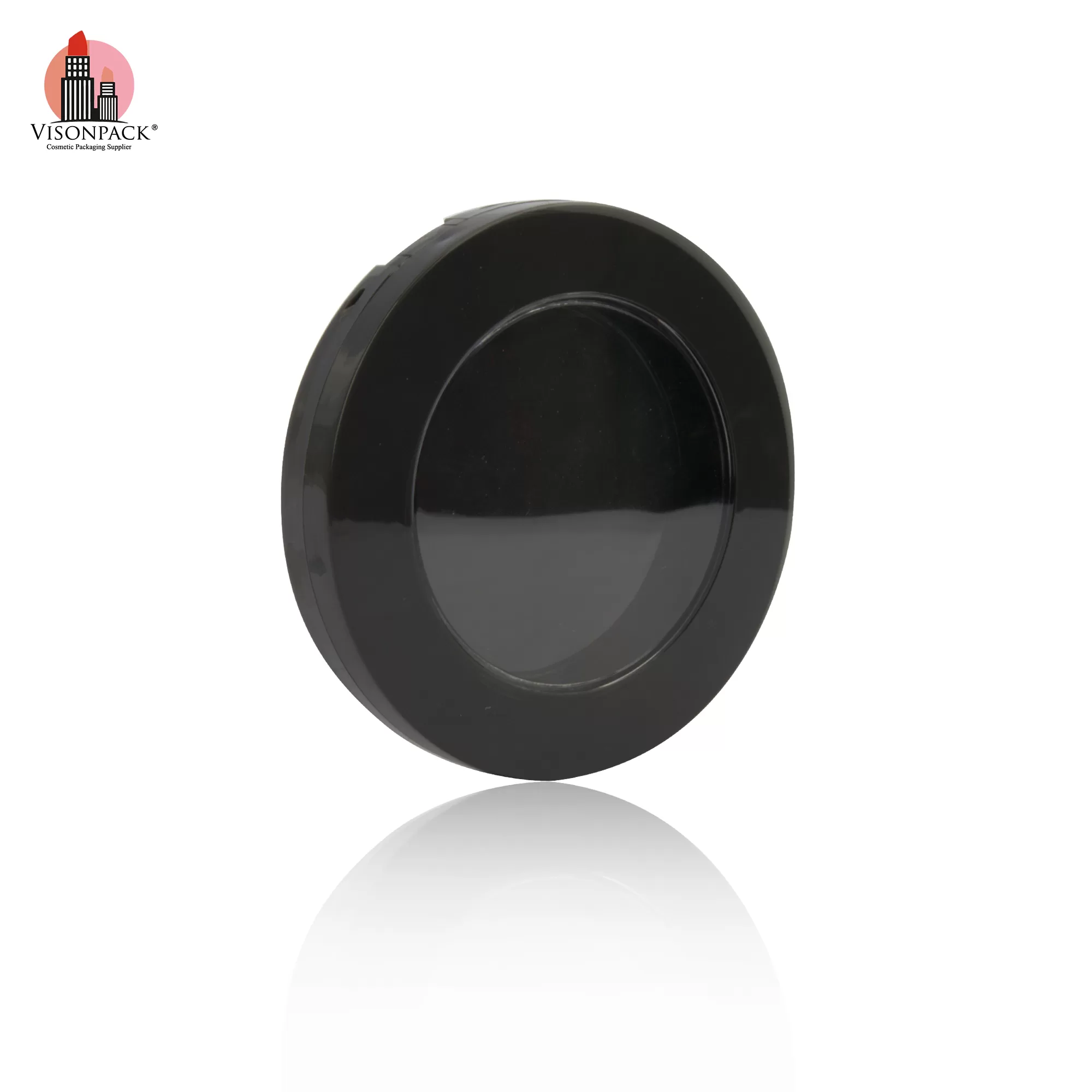 2 Layers Black Empty Pressed Powder Case Round with Mirror Clear Cover OEM - P047
