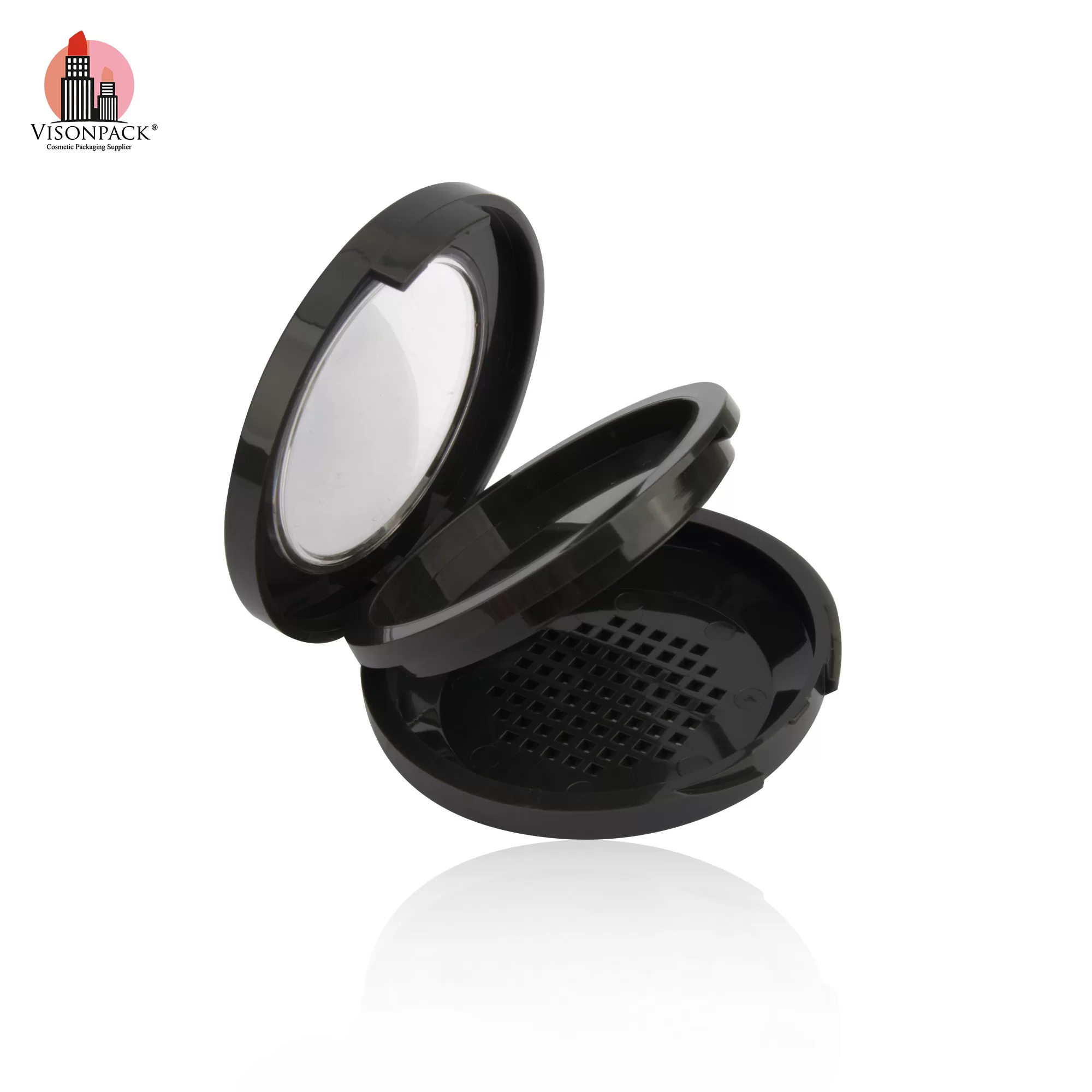 2 Layers Black Empty Pressed Powder Case Round with Mirror Clear Cover OEM - P047 - Image 3