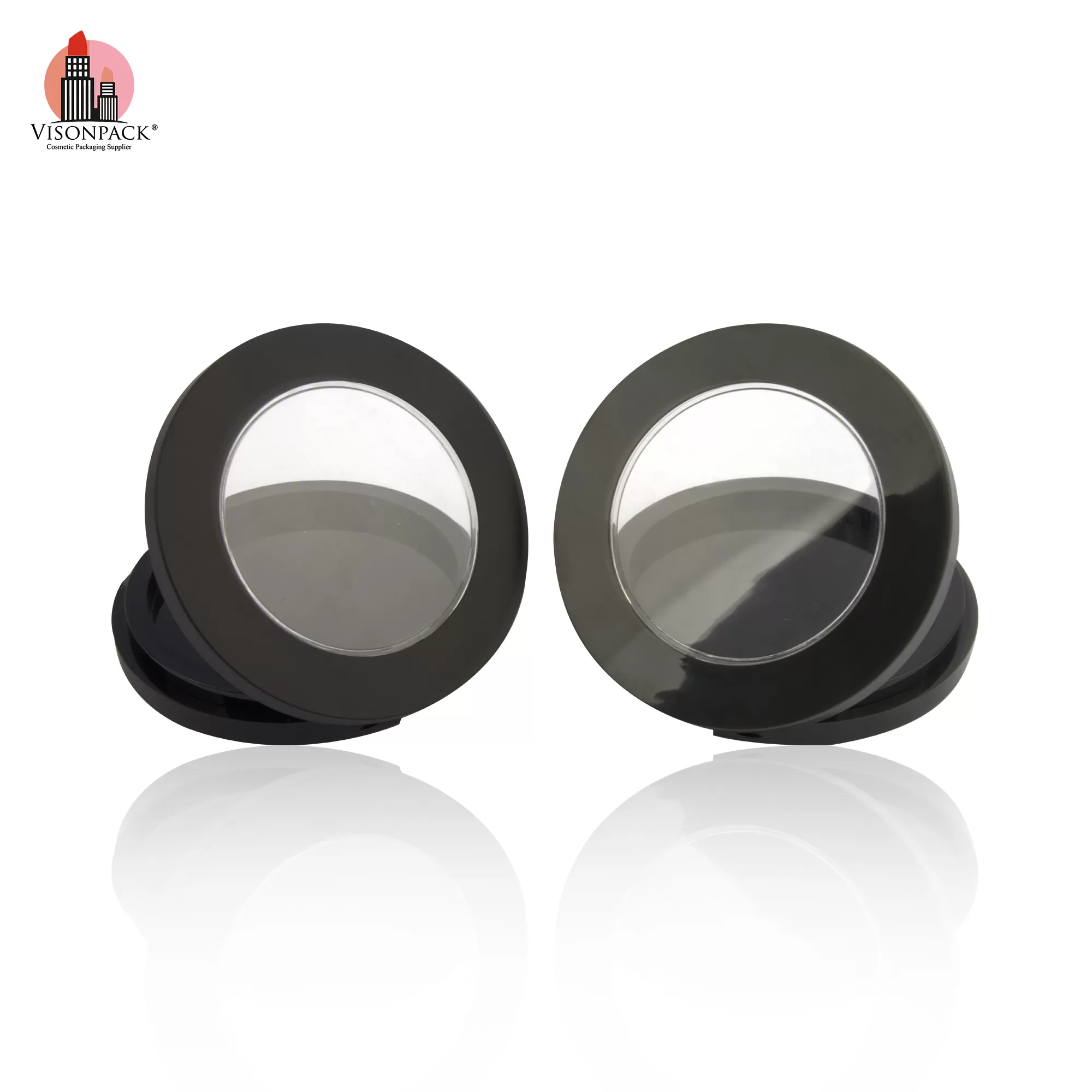 2 Layers Black Empty Pressed Powder Case Round with Mirror Clear Cover OEM - P047 - Image 5